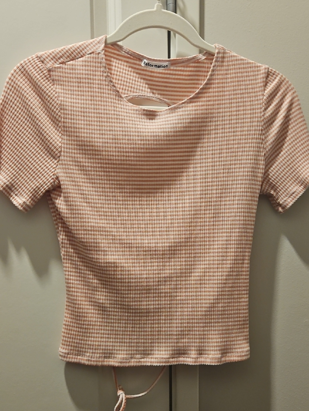 Reformation Peachy Pink Gingham Short Sleeve Ribbed Tee